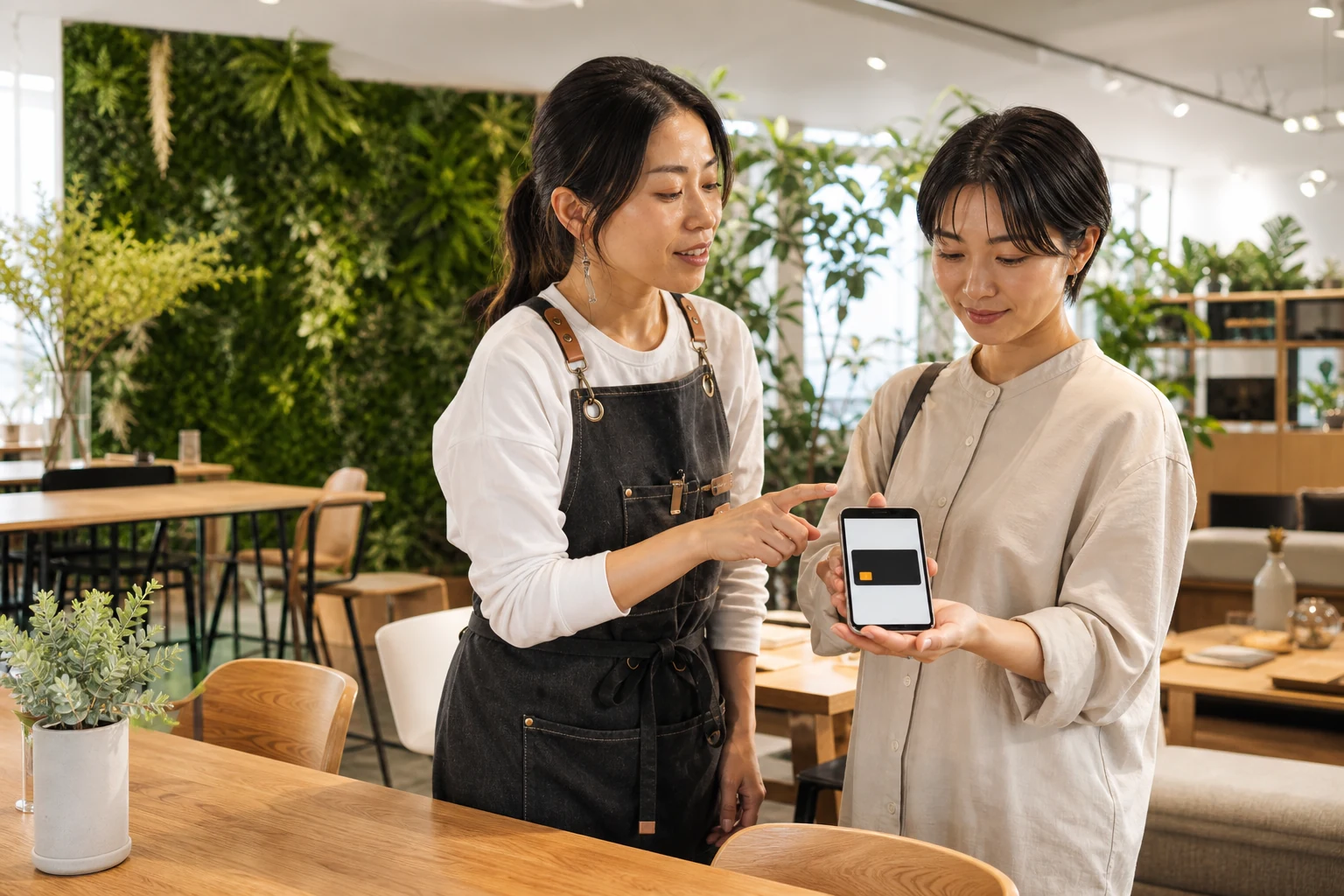 家具店で会員証アプリを利用するお客様とスタッフ